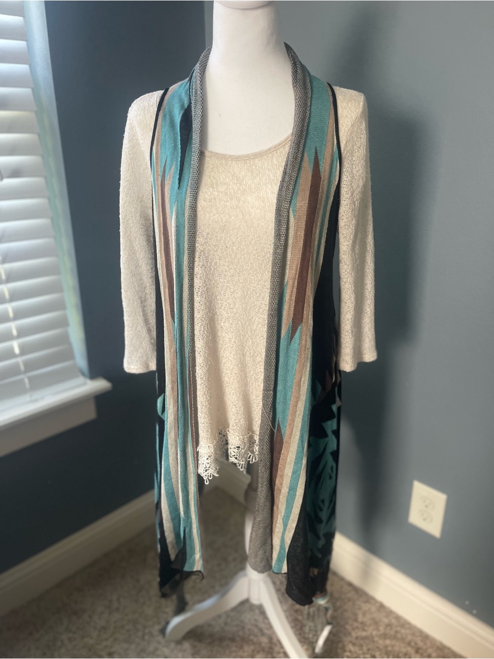 Pink Cattlelac Western Aztec Knit Fringe Cardigan Vest Medium